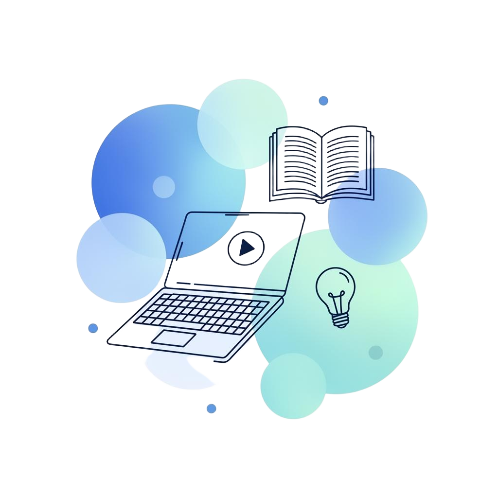 Learning illustration with laptop, book, and lightbulb